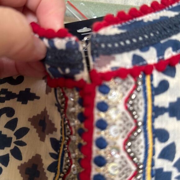 Indigo Moon Tan and Blue Patterned, Embellished Jacket, Size M, NWT - Picture 7 of 13